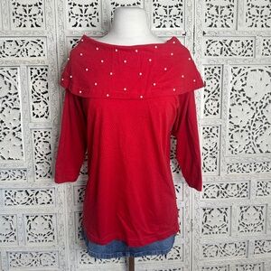 Vintage Red Pearl Embellished Cowl Neck Slouchy 3/4 Sleeve Blouse Sz Medium